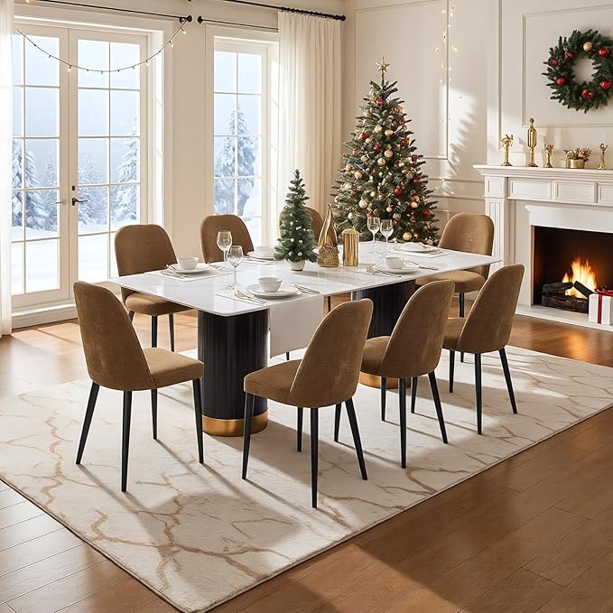 Upholstered Dining Chairs Set of 8 Modern Kitchen Chairs Chenille Fabric Dining Room Chairs High-Back Padded Dining Chairs with Metal Legs for Kitchen Dining Room Restaurant Cafe Hotel, Brown