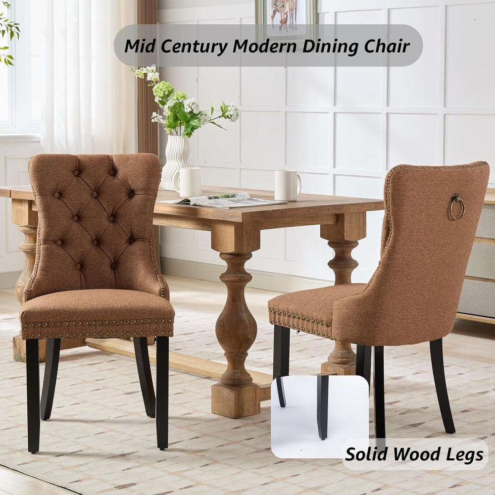 Espresso Brown Mid Century Modern Dining Chairs Set of 4, Linen Upholstered K...
