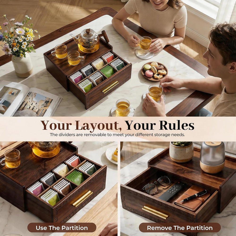 Acacia Wood Tea Bag Organizer with Storage Drawer | 8 Compartments Tea Caddy ...
