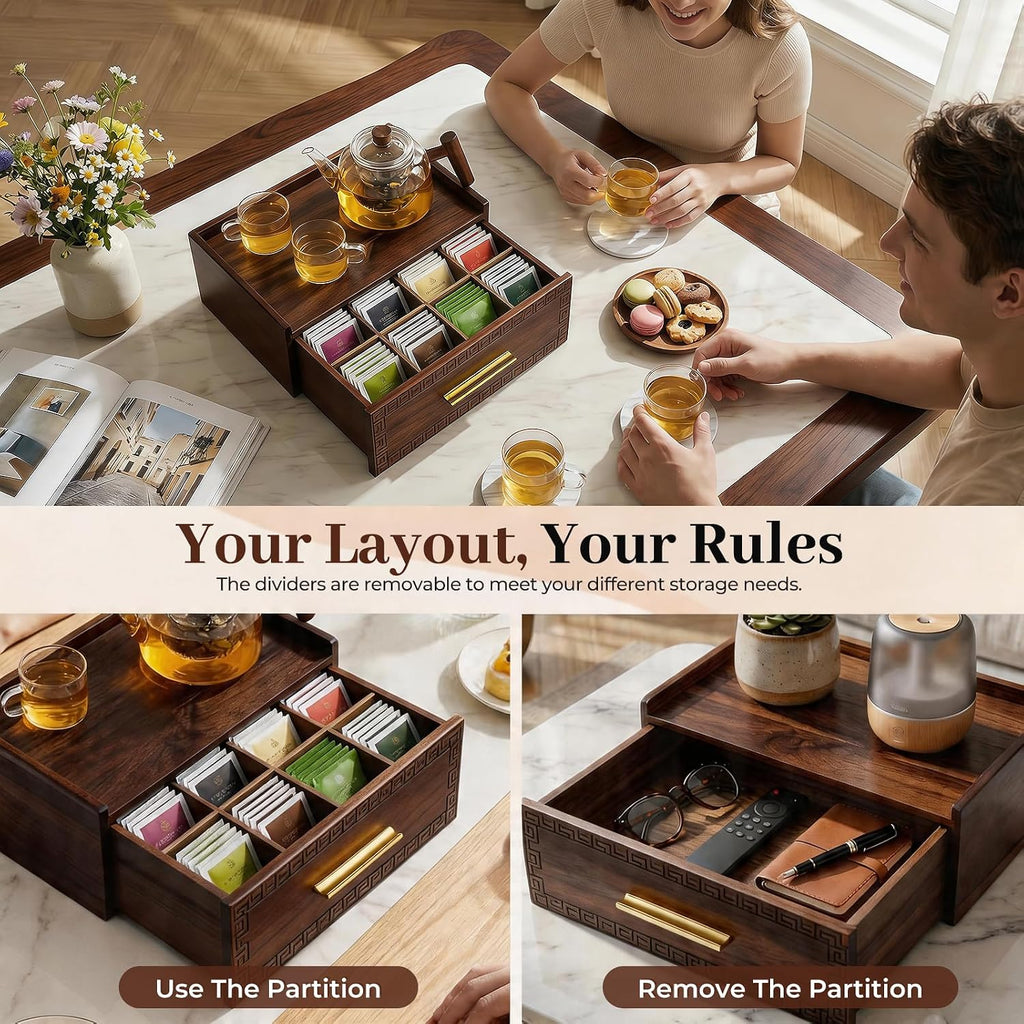 Acacia Wood Tea Bag Organizer with Storage Drawer | 8 Compartments Tea Caddy with Pattern Carving & 2 Ceramic Absorbent Coasters | Wooden Teabag Holder Tea Organizers for Countertop (Walnut)