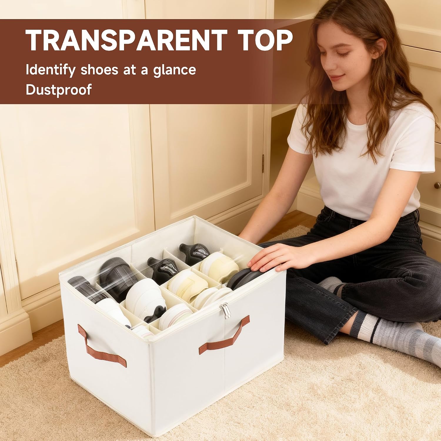 2-Pack Shoe Organizer for Closet, Foldable Shoe Storage Container with Adjustable Dividers & Clear Lid, Holds Up to 12 Pairs, Space-Saving Shoe Boxes, White