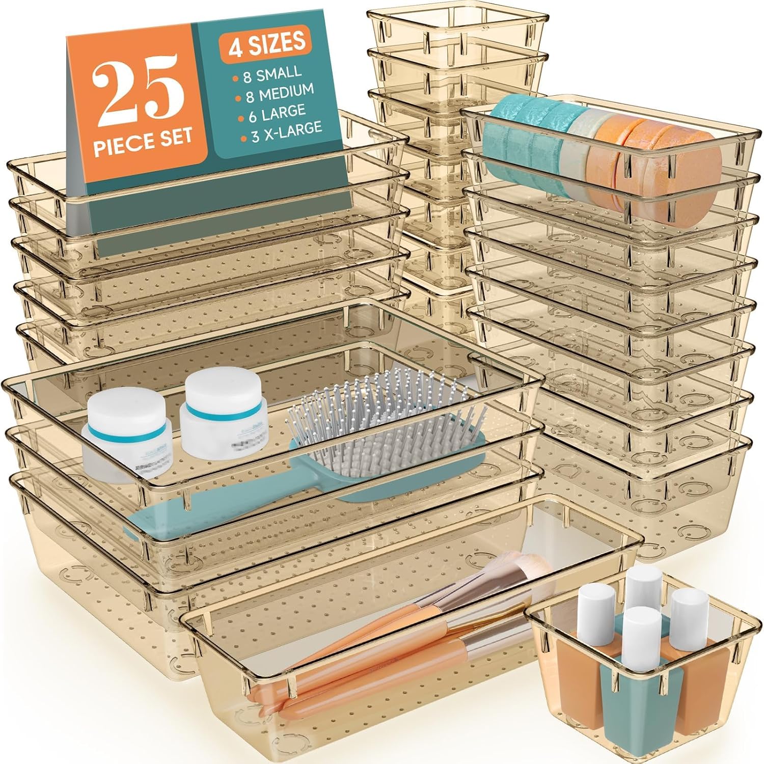 25 PCS Drawer Organizer Set, 5 Varied Size Bathroom and kitchen Drawer cabinet organizer Trays, Clear Storage Bins for Makeup, Jewelry, Utensils and Gadgets, Champagne