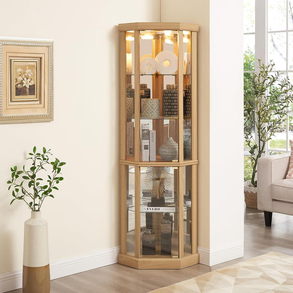 69" H Lighted Corner Display Cabinet, Curio Corner Glass Cabinet w/Adjus...