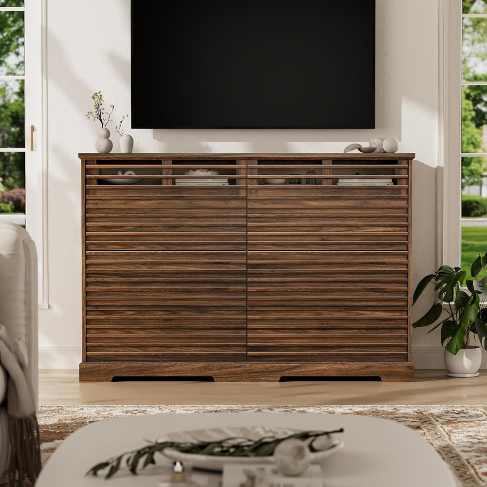 52"W Walnut 8 Drawer Dresser with LED Lights Fluted Dresser for Bedroom