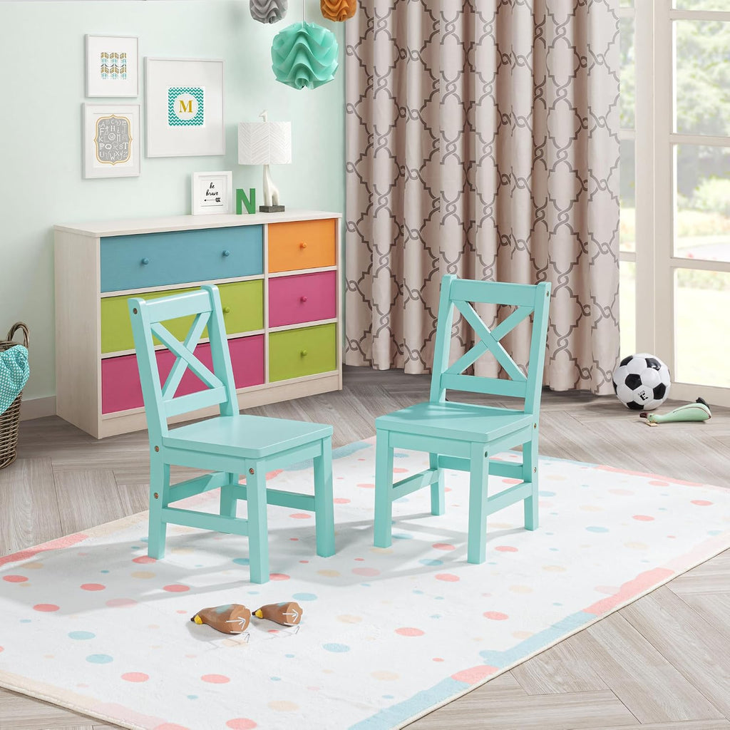 eHemco Solid Hard Wood X Back Kids Chair, Mint Blue, Set of 2 | Rubberwood