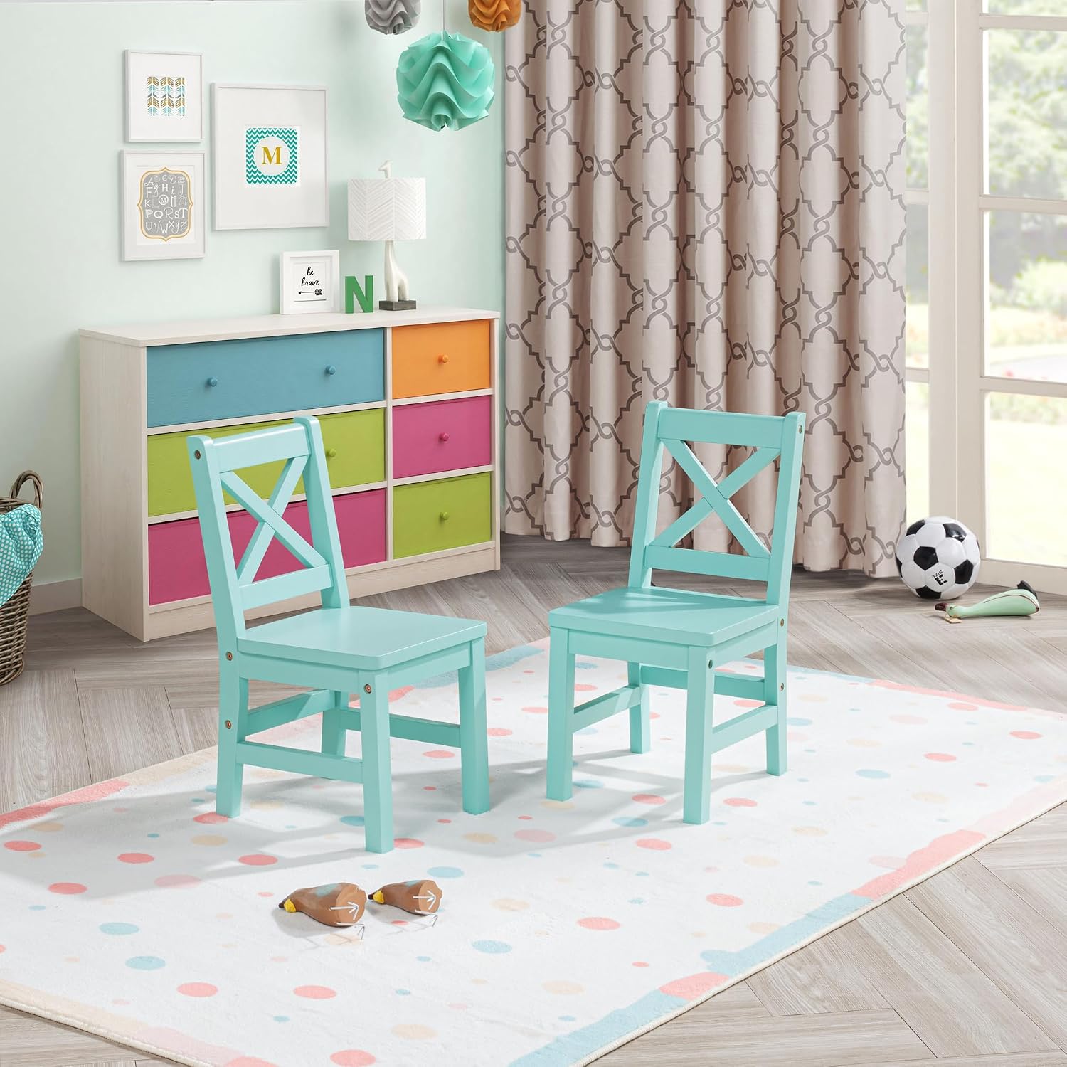 eHemco Solid Hard Wood X Back Kids Chair, Mint Blue, Set of 2 | Rubberwood