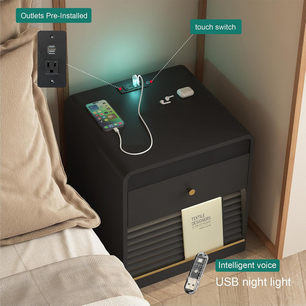 Nightstand with Charging Station, Smart Bedside Table with Voice-Controlled N...