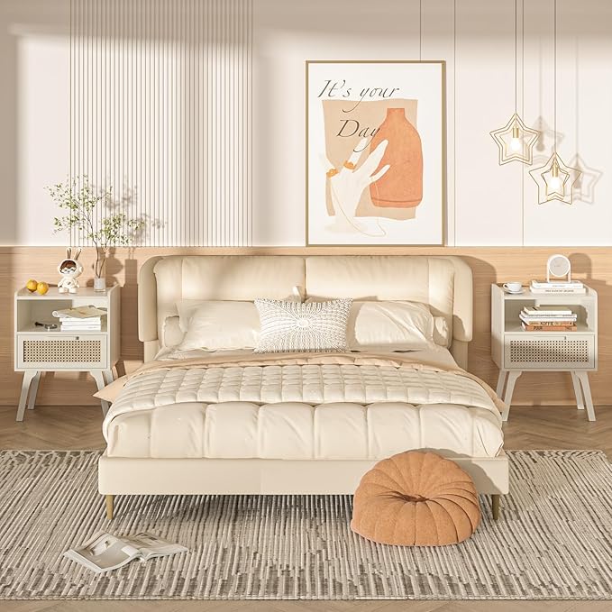 Lerliuo Rattan Nightstands Set of 2, Side Table with Drawer Open Shelf, Cane ...