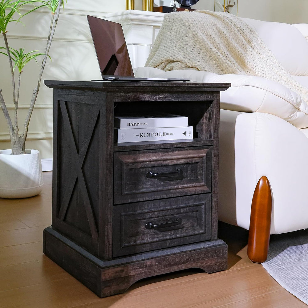 ALBAD Farmhouse Nightstand with Charging Station Rustic Bedside Table with 2 ...