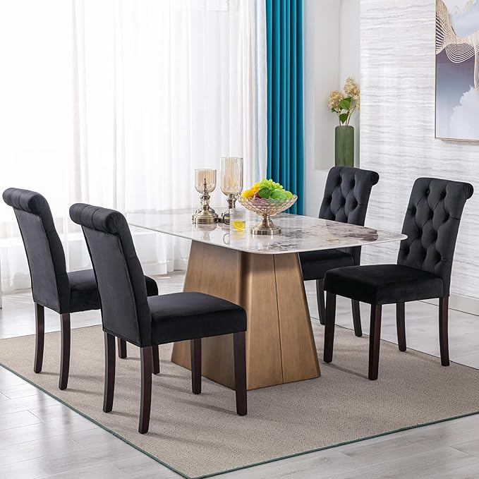 Velvet Dining Chairs Set of 4 Upholstered Dining Room Chairs Modern Tufted Accent Chairs Wooden Parsons Side Chairs for Home Kitchen Resturant, Black