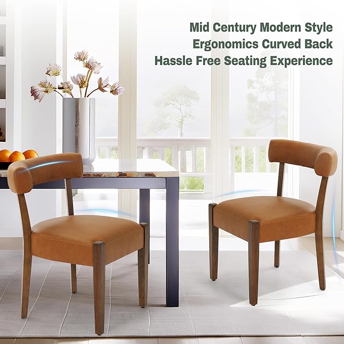 Modern Dining Chairs Set of 2, Faux Leather Upholstered Kitchen & Dining Room Chairs, Mid Century Modern Wooden Dining Chairs Oversized Sturdy Rounded Chairs Curved Back, Brown
