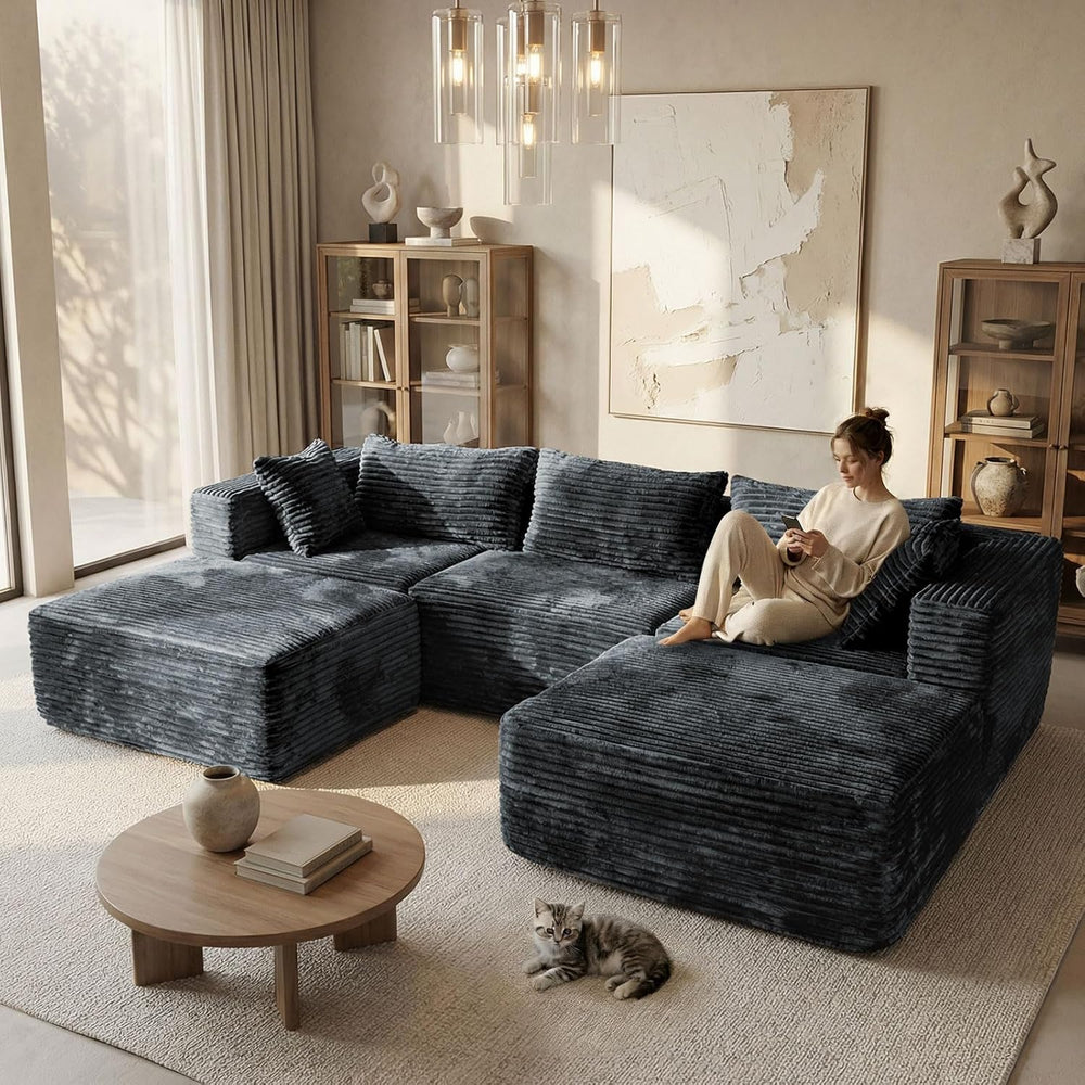 110 Modular Sectional Sofa with 2 Ottomans, Corduroy U-Shaped Modular Section...