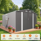 Metal Storage Shed, 10 X 14 FT Lockable Outdoor Tool Shed with Air Vent and Clear Windows, Galvanized Steel Garden Shed for Backyard, Patio, Garden, Bike Storage or Outdoor Use, Grey