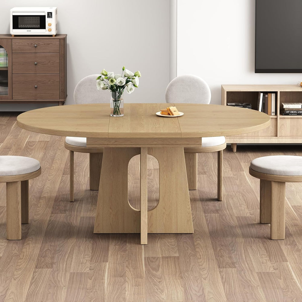 Epecoya 59-Inch Extendable Round Dining Table for Dining Room, Light Oak | 4-...