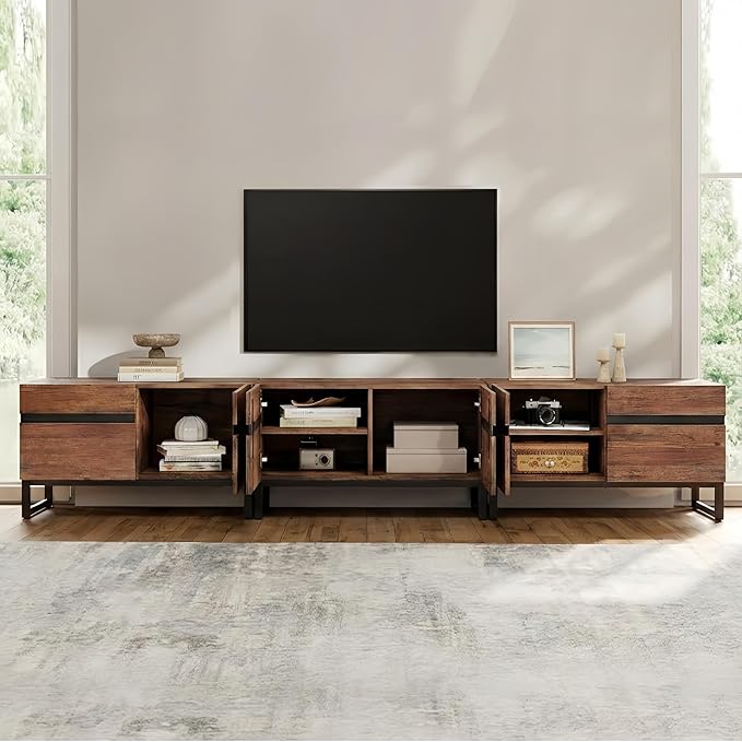 WAMPAT 3-in-1 Modern TV Stand for Up to 110 Inch TVs, Large Wood Entertainment Center Media Console with Storage Cabinets and Metal Base for Living Room, Brown