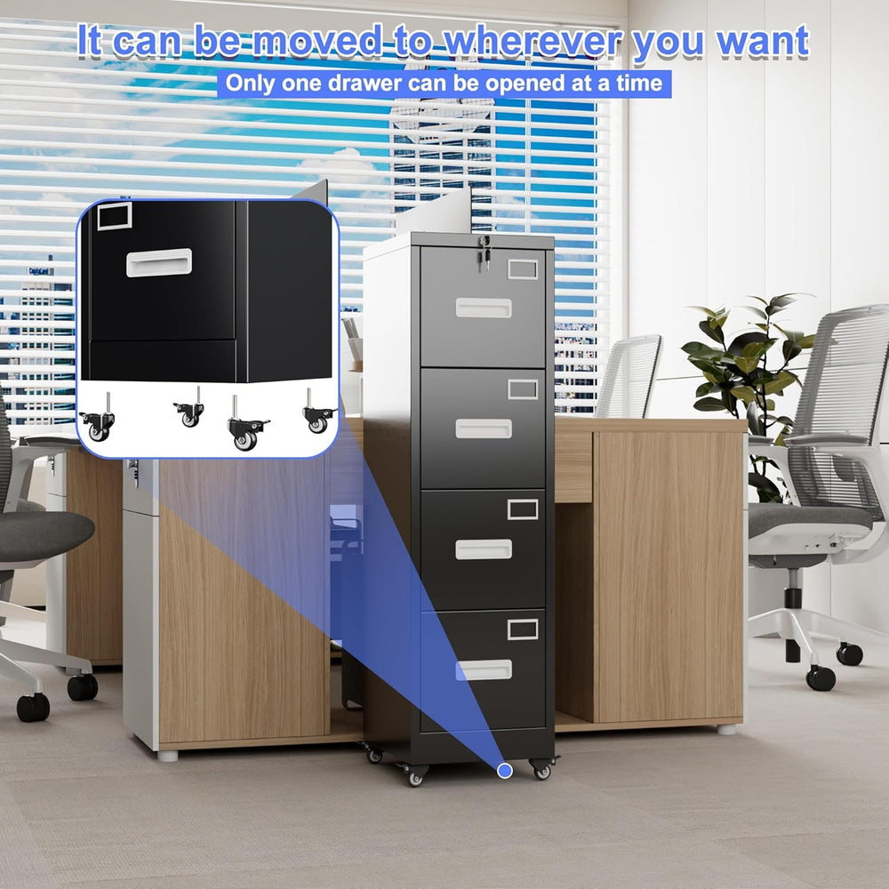METAN 4 Drawer Metal File Cabinet with Lock, Mobile Heavy Duty Steel Filing C...