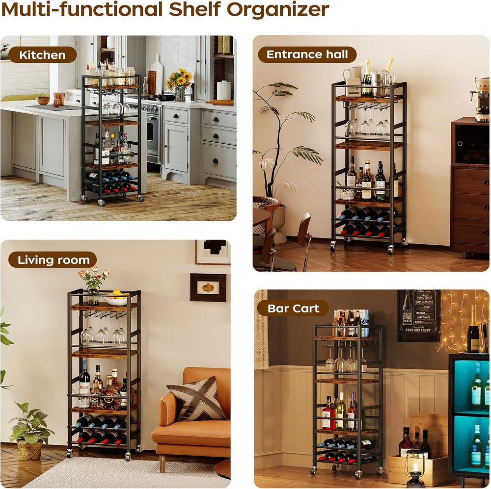 Homeiju Small Bar Cart with 5-Tier Shelf, Mobile Kitchen Shelf with Wine Rack...