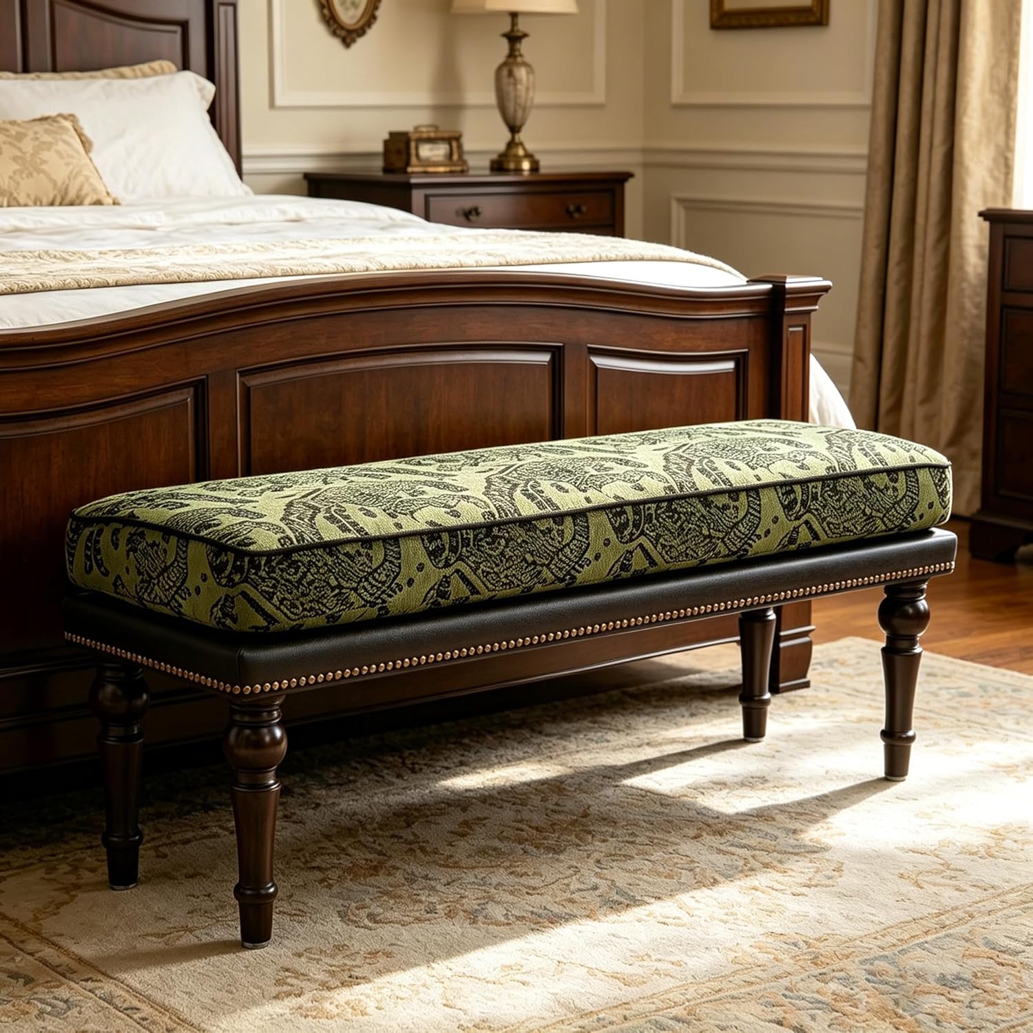 Forteek 47" Upholstered Bed End Bench for Bedroom, Vintage Bed Bench | Vintage Solid Wood Bench with Detachable Washable Cover, Pattern Cushion Nailhead Trim Decorative Bedroom Stool for Storage
