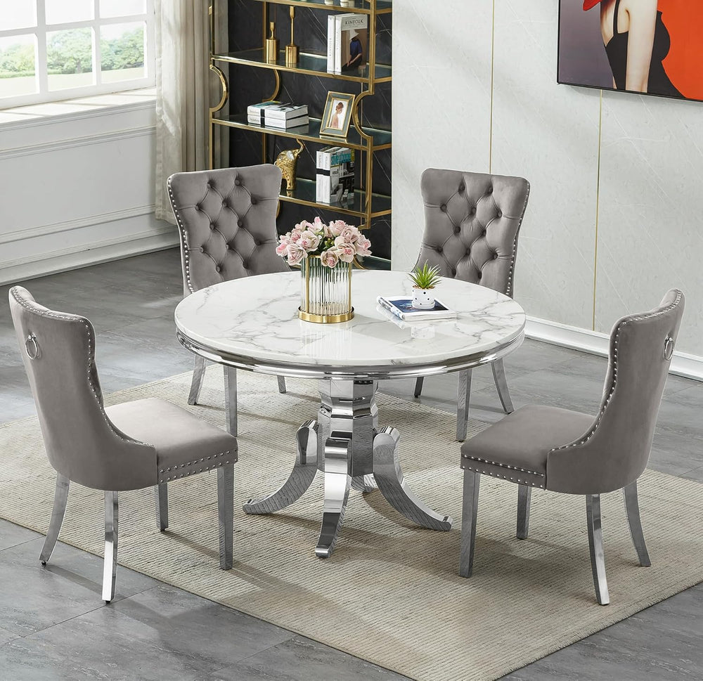 5-Piece White Marble Round Dining Table Set for 4, Modern Faux Marble Kitchen...