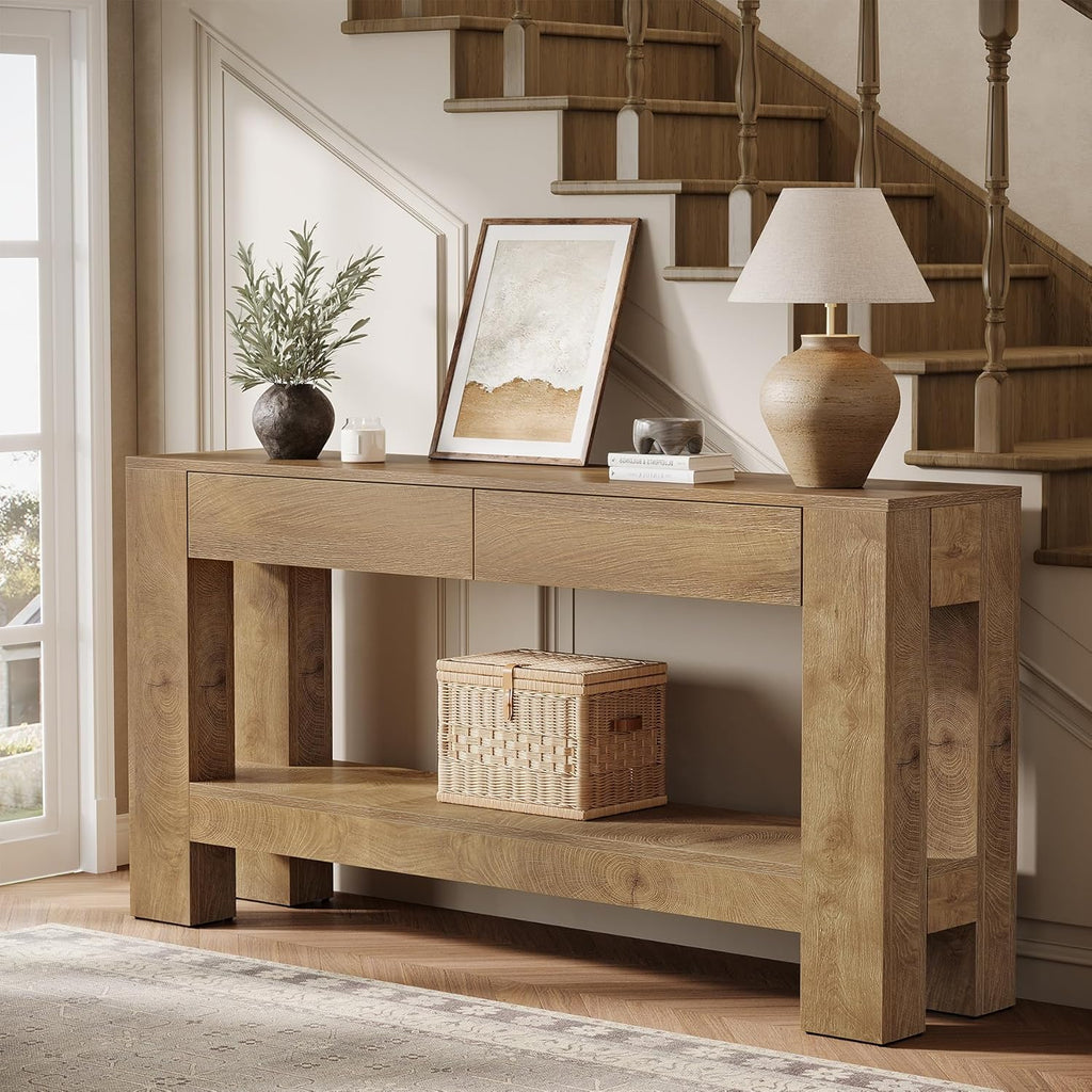 Tribesigns 63 Inch Entryway Table with 2 Drawers, Farmhouse Console Table with Storage Shelf, Long Sofa Table Behind Couch for Living Room, Hallway, Foyer, Brown