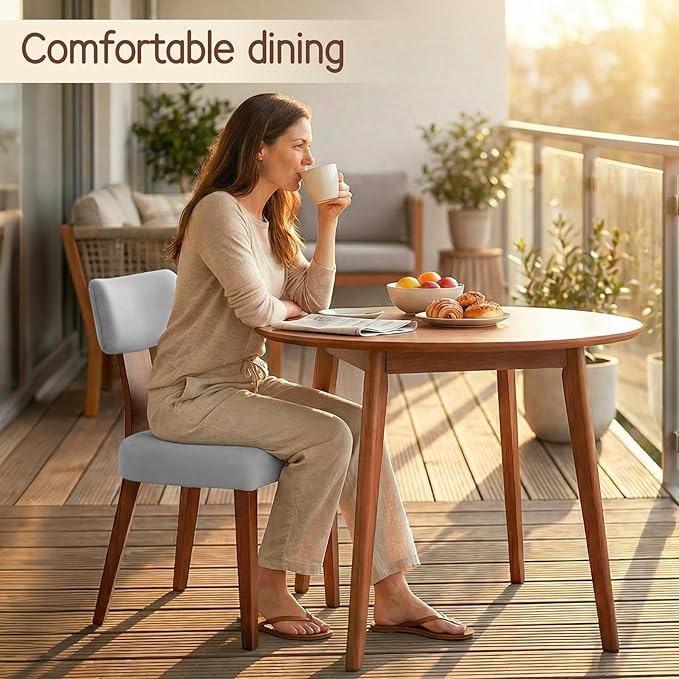Dining Chairs, Mid-Century Modern Upholstered Kitchen Chairs with Curved Backrest and Linen Fabric Seat, Wood Leg Accent Chairs for Dining Room, Living Room, Bedroom, Grey