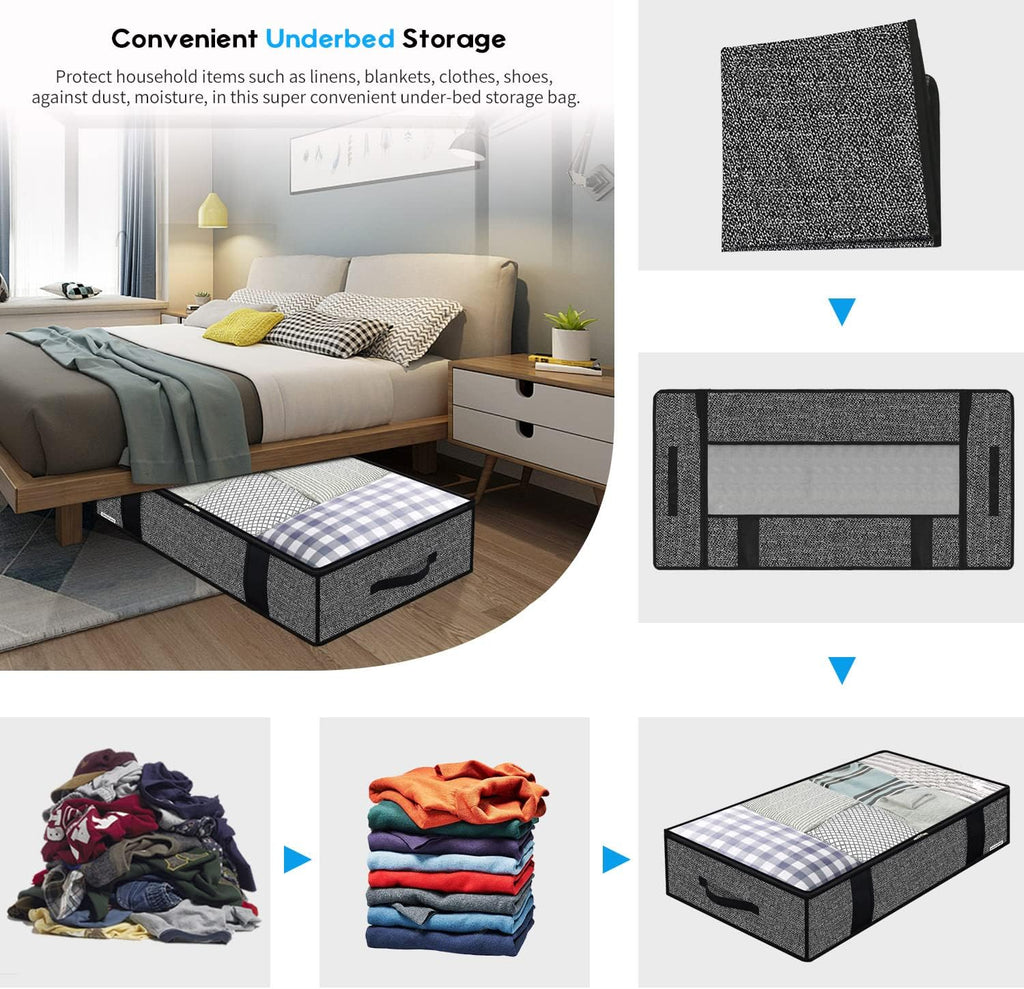 Onlyeasy Foldable Underbed Bags - 2 Pack Blankets Clothes Comforters Storage Bag Breathable Zippered Organizer for Bedroom with Clear Window and 4 Handles, 100 x50 x15cm, Linen-Like Black, MXAUBBP2