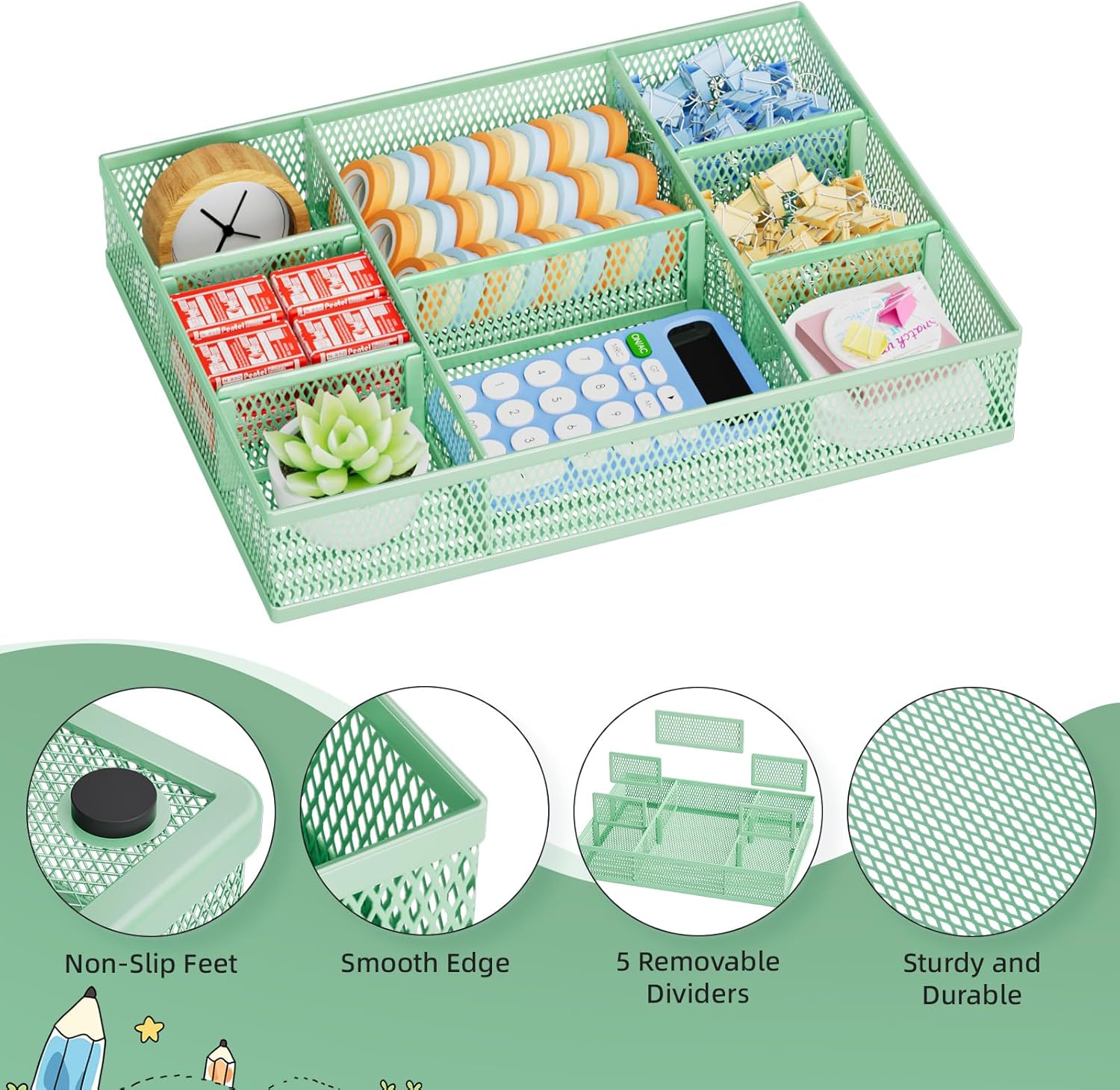 Marbrasse 2 Pack Desk Drawer Organizer, Mesh Drawer Organizer Tray with 8 Adjustable Compartments, Desk Organizers and Accessories, 5 Dividers Drawer for Office Supplies, Makeup & Vanity (Green)