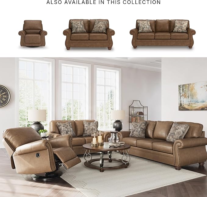 Signature Design by Ashley Shadsburne Rustic Faux Leather Sofa with Nailhead Trim and 2 Throw Pillows, Brown