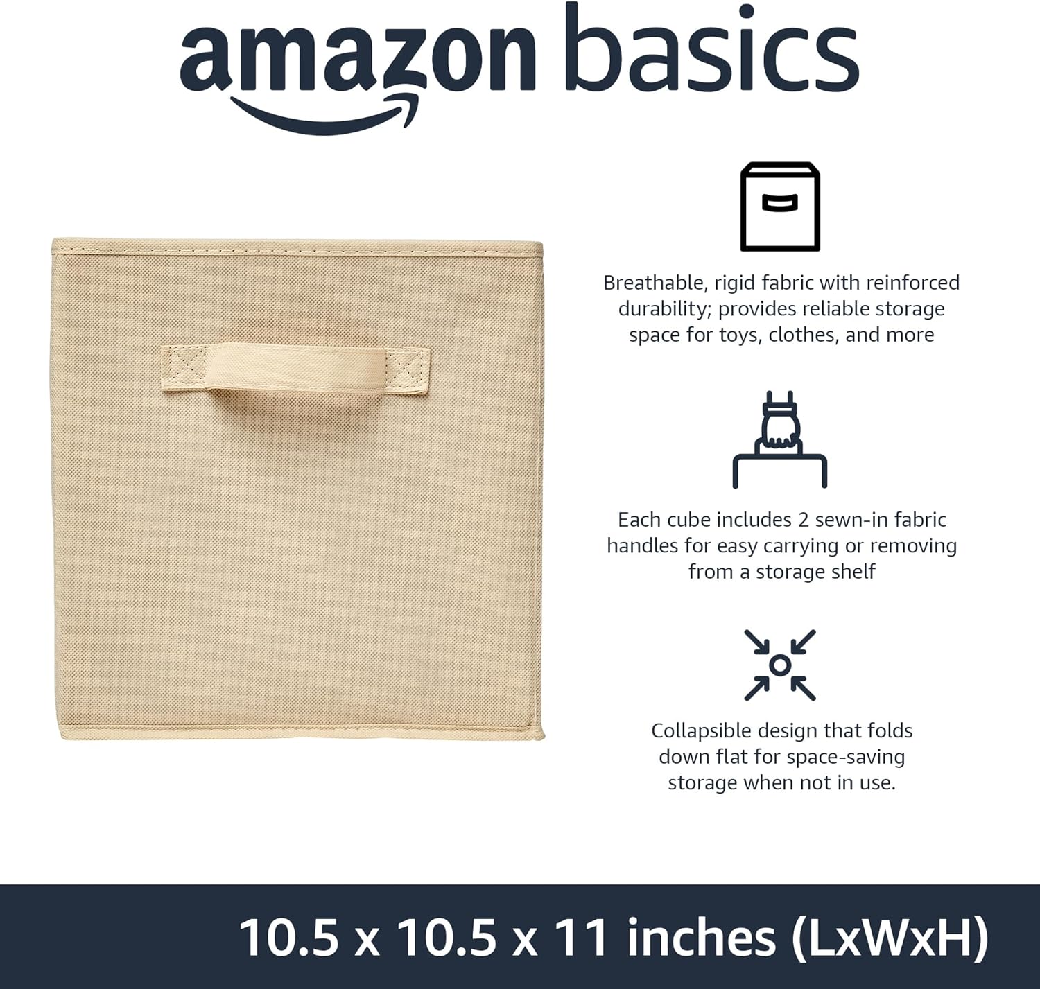 Amazon Basics Collapsible Fabric Storage Cubes Organizer with Handles, Sturdy, Beige, 10.5-x-10.5-x-11-inch, Pack of 6