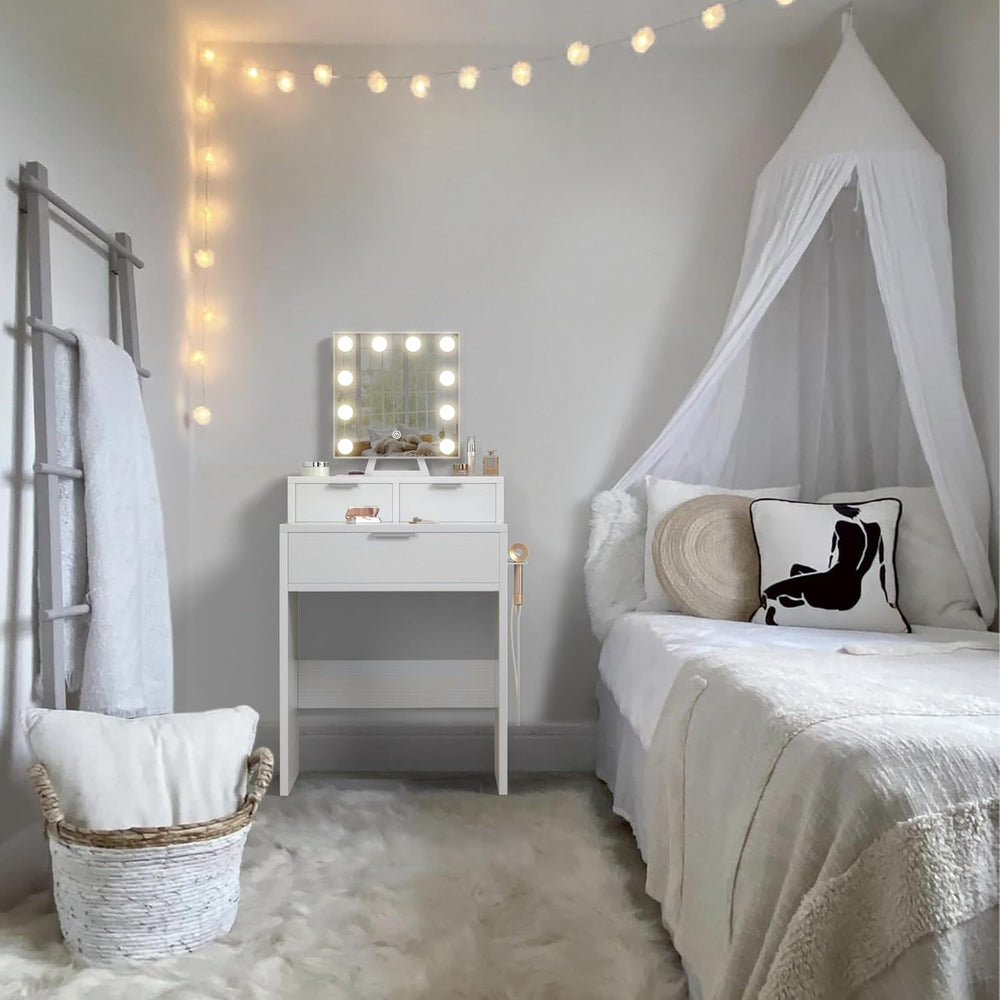BOLUO White Makeup Vanity Desk with Hollywood Mirror and Lights, Girls Compac...