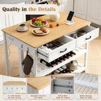 47.2" Kitchen Island with Storage & Wine Rack, Modern Stationary Island Table with Large Worktop - Features 3-Tier Shelf, 2 Drawers, Power Outlets & Hooks for Dining & Coffee Bar, White