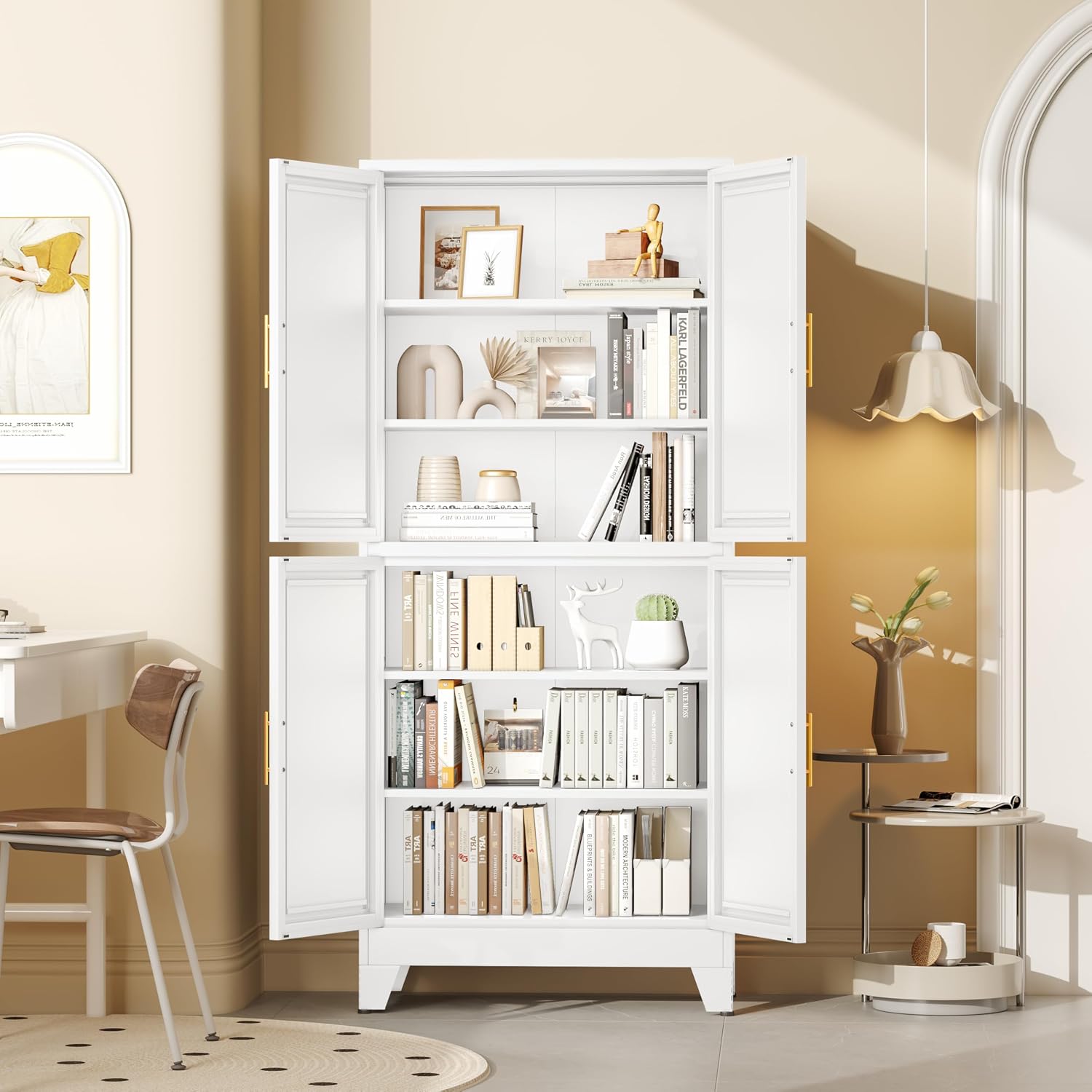 pozdeg 75" H Tall Metal Storage Cabinet with 4 Doors, Metal Kitchen Pantry Cabinet with 4 Adjustable Shelves, Freestanding Cupboard for Kitchen Dining Room Living Room Bathroom (White)
