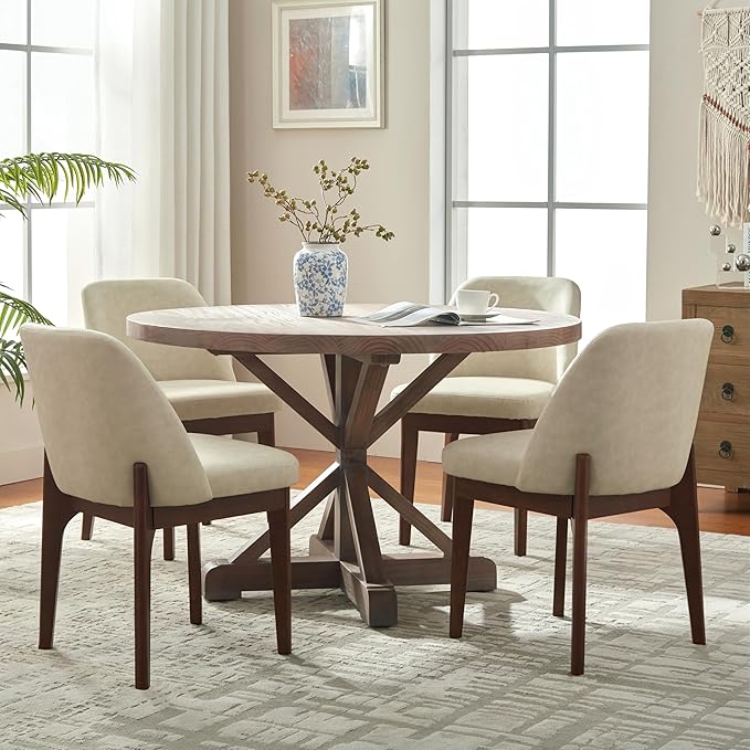 VKNOW Modern Dining Chairs Set of 4, Faux Leather Kitchen Chairs with Wood Legs, Upholstered Side Chair for Kitchen Dining Room, Beige