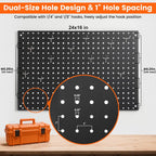 Pegboard, 2 PCS 24"×16" Metal Peg Board Panels Black Modular Wall Organizer Kit with 30 Hooks, Dual-Size Hole Design for Home Tool Storage, Garage Organization, Kitchen, Office, Craft Room