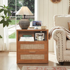 LEYAOYAO Rattan Nightstands Set of 2 with Charger Station, 23" Wide Boho Night Stand with 2 Drawers, Natural Wood Bedside Table Open Shlef, Bed Side End Table Dresser for Bedroom, Living Room Hallway