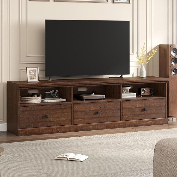 IDEALHOUSE 70in TV Stand for TVs up to 80", Mid Century Modern Entertainment Center with Storage Drawer and Open Shelves, TV Console Media Cabinet for Living Room, Bedroom, Brown