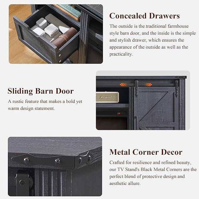 JXQTLINGMU Farmhouse TV Stand for 75+ Inch TV, 32" Tall Entertainment Center w/4 Drawers & Sliding Barn Door, Rustic Media Console w/Storage Shelves, 66" Wood Television Stand for Living Room, Black