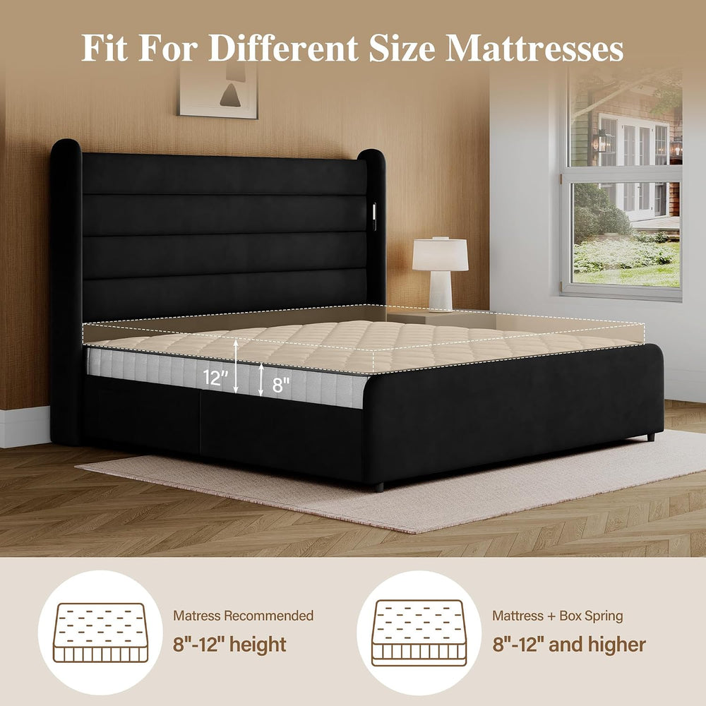 Queen Size Bed Frame with 59'' Tall Headboard with Readlight, Black