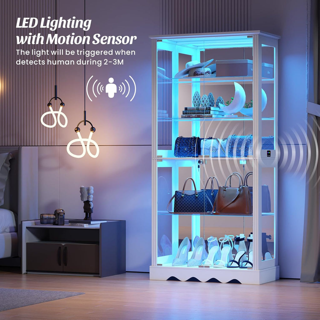 Glass Display Cabinet with RGB Light, 5-Tier Curio Cabinet for Collectibles, Display Case with Removable Shelves, Human Sensor Design, White