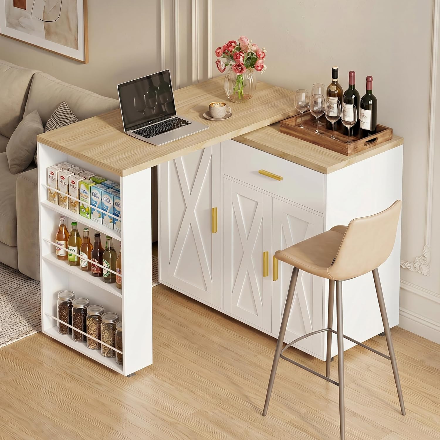 DreamDashio Kitchen Island with Storage, Rolling Kitchen Island with Swivel Table, Drawers & Shelves, Mobile Kitchen Island Cart with 360° Swivel Extendable Dining Table for Kitchen, Dining Room