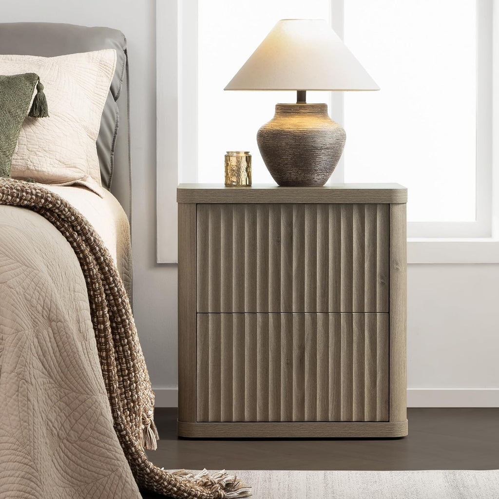 SICOTAS Night Stand Nightstand with 2 Drawers Storage Bedside Table Large Fluted Bed Side End Table Modern 24.4" Tall Wide Night Stands for Bedroom Living Room Sofa Couch Home Office, Grey Alder
