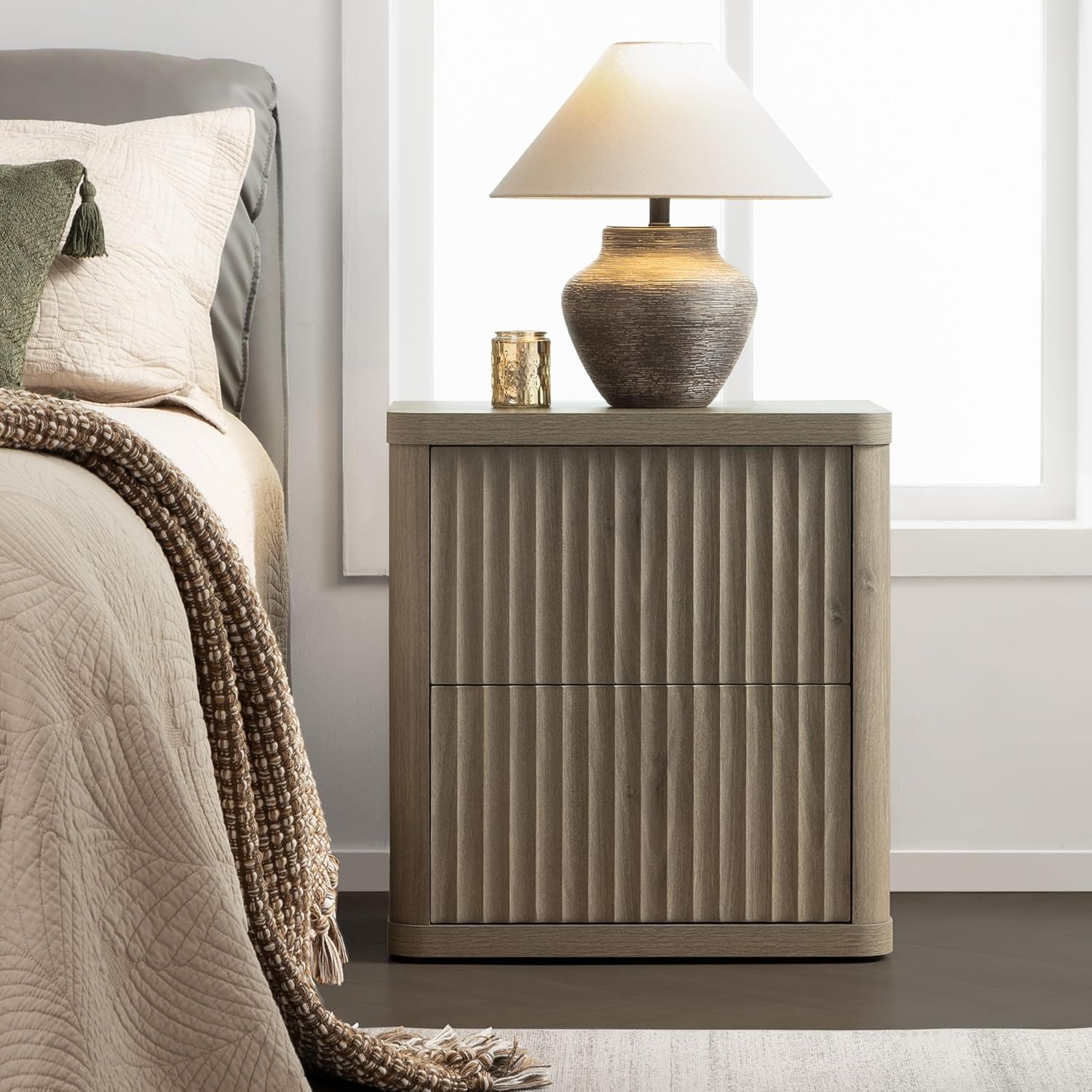 SICOTAS Night Stand Nightstand with 2 Drawers Storage Bedside Table Large Fluted Bed Side End Table Modern 24.4" Tall Wide Night Stands for Bedroom Living Room Sofa Couch Home Office, Grey Alder