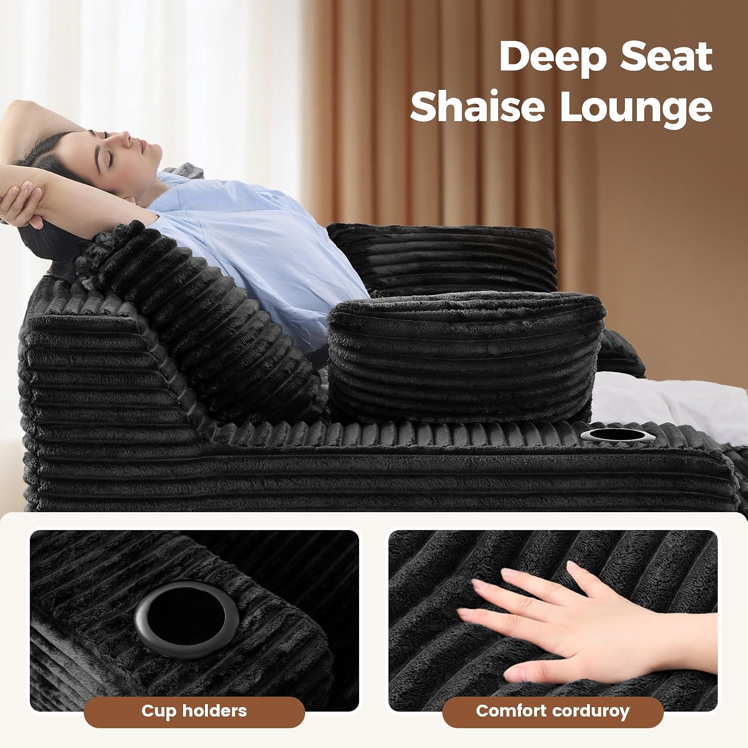 80'' Double Chaise Lounge Chair Indoor, Non-Assembly with Cup Holders 4pcs | Luxanimarion Deep Seat Sofa with Cup Holders Boneless Bed with 4pcs Pillows for Living Room Bedroom, Black- Corduroy