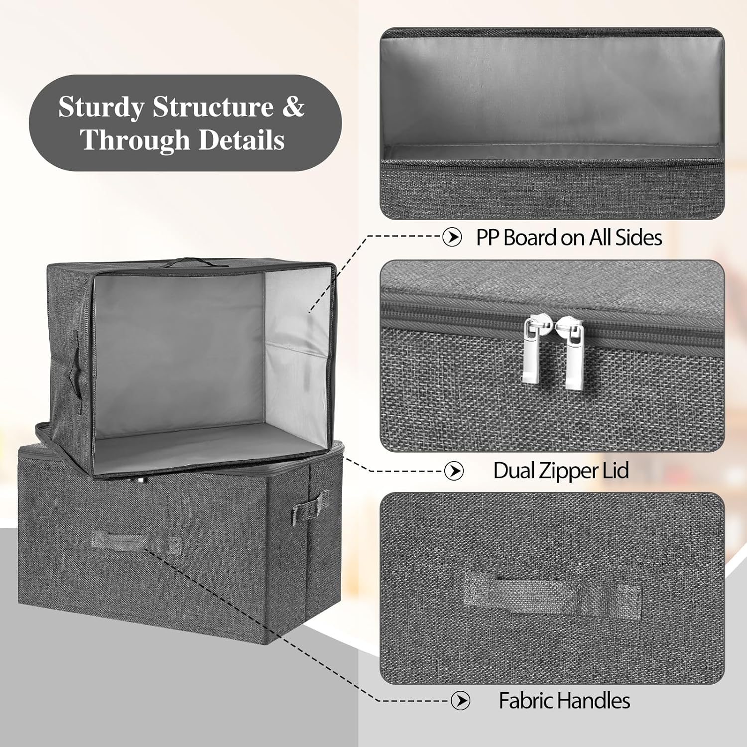ANMINY Fabric Storage Bins with Zipper Lids, 15"x10"x6", Gray, 1 PCS | 15.6Qt Cotton Linen Storage Box, PP Board Frame, Washable Collapsible, with Handles & 3-side Open Lid, Stackable, Small