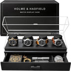 Holme & Hadfield Premium 4-Slot Wooden Watch Display Case – Handcrafted Men’s Watch Box with Accessory Drawer, Hinged Cover, Leather Lining–Christmas Gift for Collectors–Luxury Built to Last