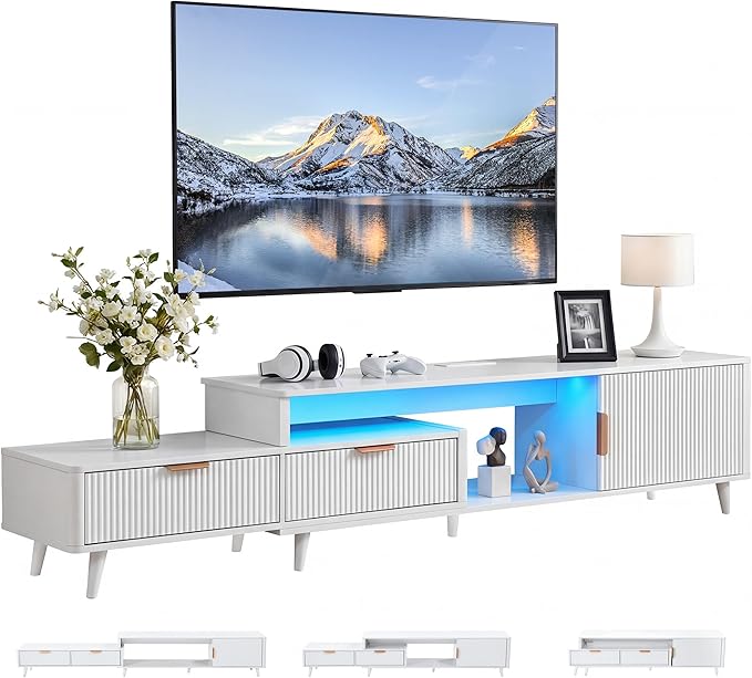 YITAHOME TV Stand for 100 Inch TVs with Power Outlet & LED Light, Fluted Entertainment Center with Storage Drawers & Cabinet, Modern Media Console for Living Room, White