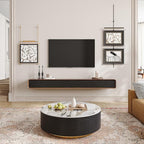 POVISON Fully-Assembled Minimalist Floating TV Stand, Modern Wall-Mounted Entertainment Center with 4 Flip-Down Cabinet Doors, Solid Wood Media Console, Walnut Veneer, 94"