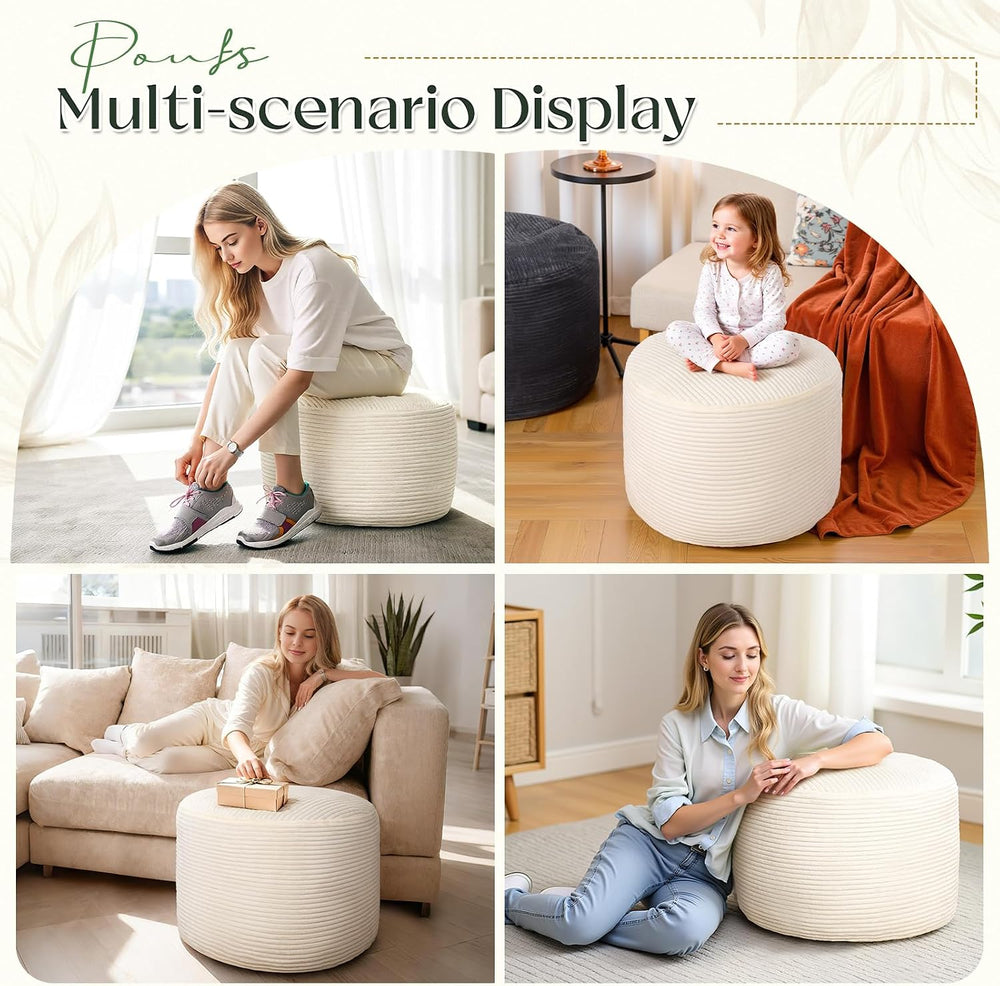 Round Corduroy Footstool Pouf for Couch | Soft plush shredded foam filled has...