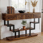 47.3" Console Table with Fluted Drawers, 3-Tier Modern Entryway Table with Geometric Black Metal Frame, Luxury Sofa Table for Living Room, Hallway, Foyer（Walnut Oak