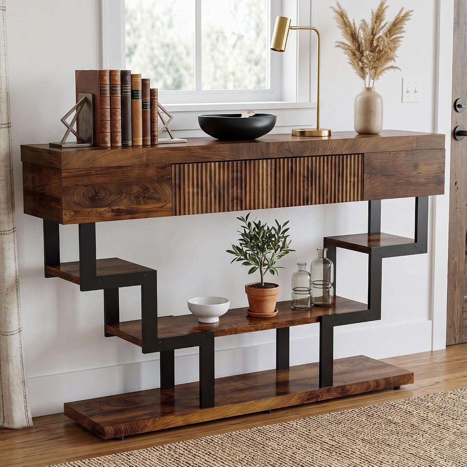 47.3" Console Table with Fluted Drawers, 3-Tier Modern Entryway Table with Geometric Black Metal Frame, Luxury Sofa Table for Living Room, Hallway, Foyer（Walnut Oak